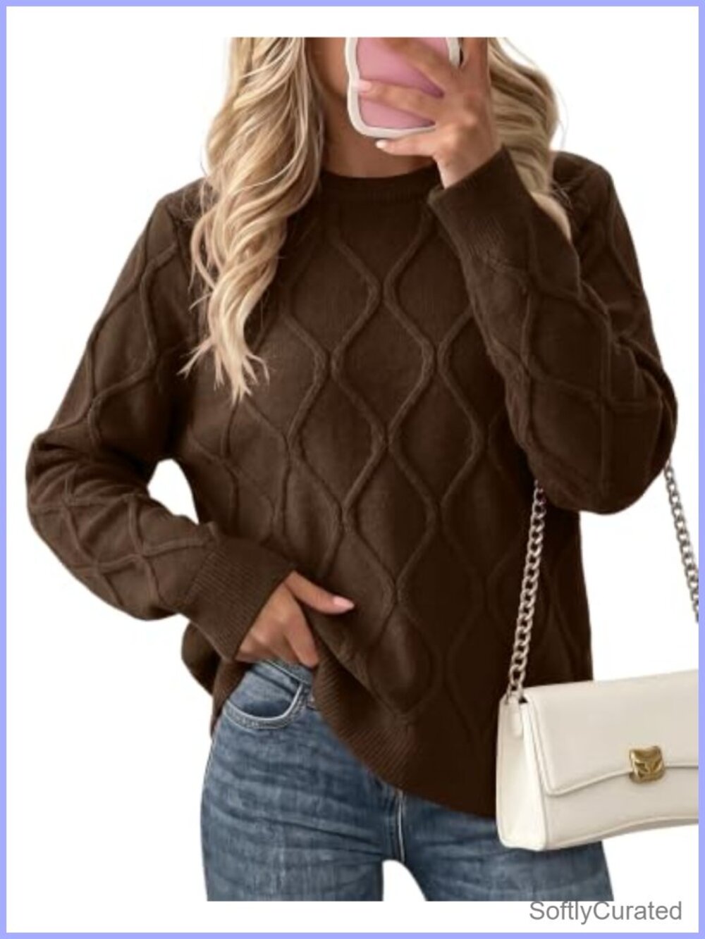 Womens Cable Knit Sweater Crew Neck Long Sleeve Pullover Warm Fall Layering